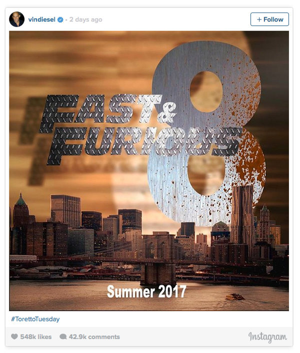 Fast & Furious 8 - Vin Diesel su Instagram
