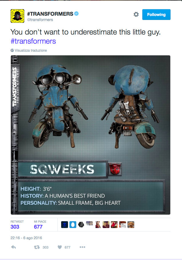 Transformers: The Last Knight presenta su Twitter Sqweek