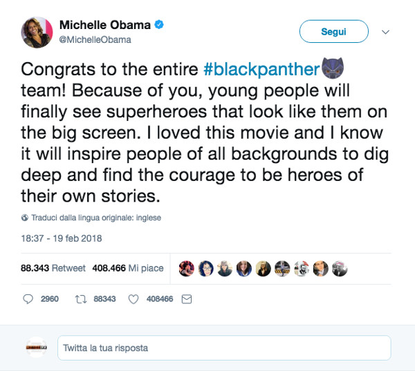 Michelle Obama twitta su Black Panther
